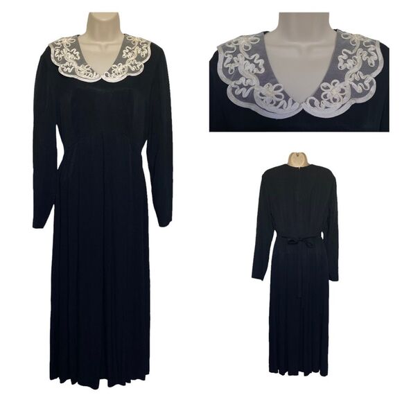 Vintage Lace Collar Tie-Back Wednesday Addams Gothic MIDI Dress Made in USA Sz 6 - Picture 1 of 16